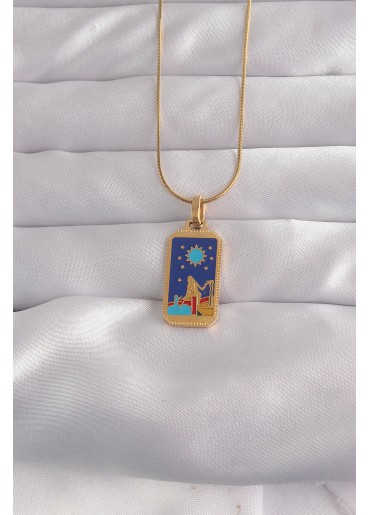 Erb 316L Çelik Gold Renk Mavi Mineli Kız Figür Tarot Kolye