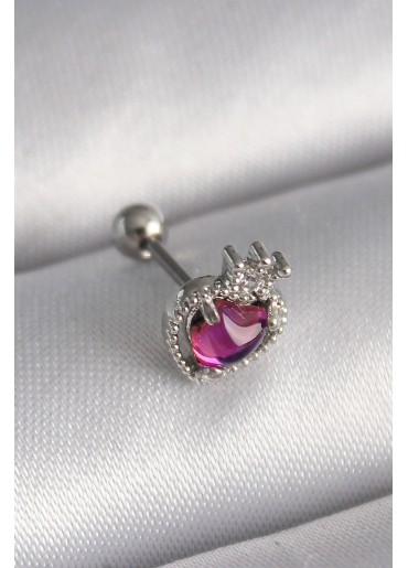 Erb 316L Çelik Gümüş Renk Pembe Mineli Kalp Zirkon Taş Detaylı Taç Tragus Piercing