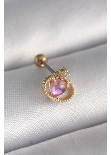 Erb 316L Çelik Gold Renk Pembe Mineli Kalp Zirkon Taş Detay Tragus Piercing