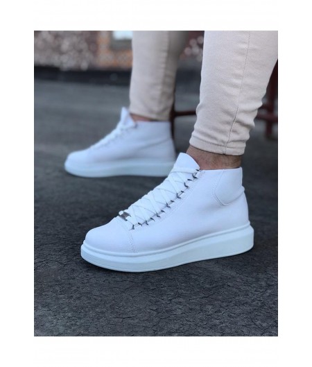 WG032 Beyaz Bağcıklı Sneakers  Yarım Bilek Bot