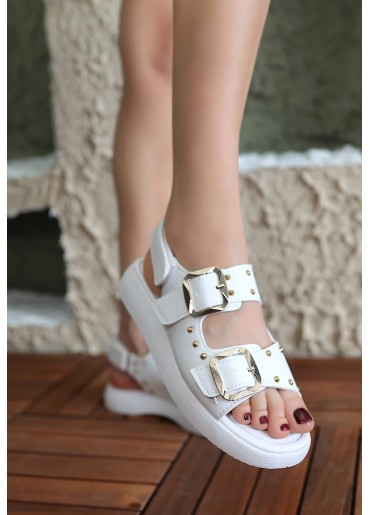 Jendi Beyaz Cilt Çift Tokalı Sandalet